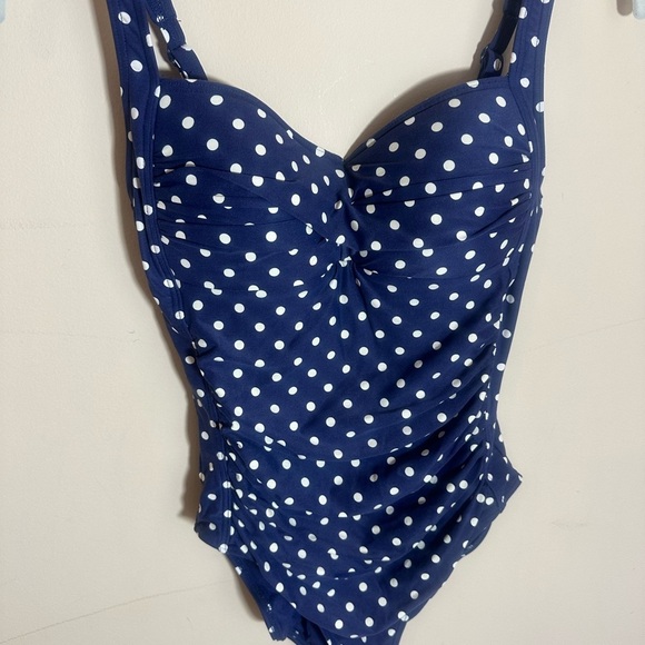 Bond-Eye Australia Front Twist One Piece Swimsuit in Navy Blue Polka Dot size 6 - Picture 2 of 8